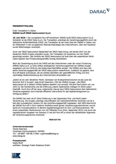 Darag kauft Ergo Assicurazioni S.p.A, Seite 1/2, komplettes Dokument unter http://boerse-social.com/static/uploads/file_1443_darag_kauft_ergo_assicurazioni_spa.pdf (19.07.2016) 