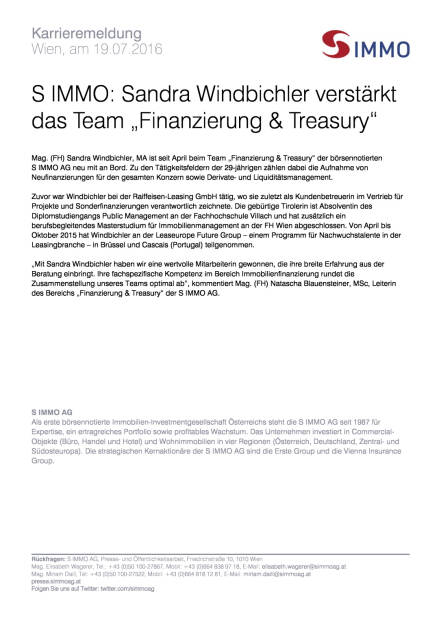 S Immo: Sandra Windbichler verstärkt das Team „Finanzierung & Treasury“, Seite 1/1, komplettes Dokument unter http://boerse-social.com/static/uploads/file_1444_s_immo_sandra_windbichler_verstarkt_das_team_finanzierung_treasury.pdf (19.07.2016) 