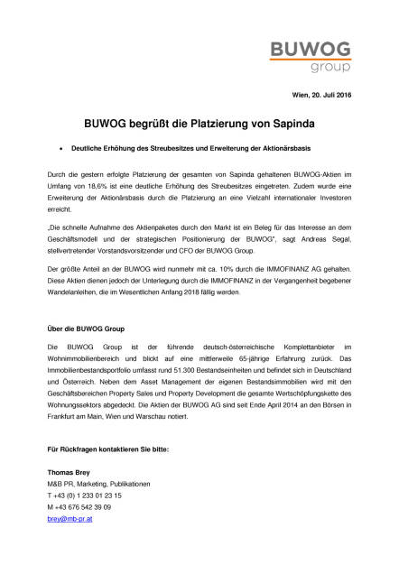 Buwog begrüßt die Platzierung von Sapinda, Seite 1/1, komplettes Dokument unter http://boerse-social.com/static/uploads/file_1453_buwog_begrusst_die_platzierung_von_sapinda.pdf (20.07.2016) 