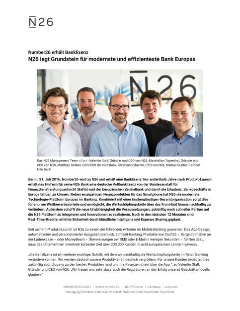 N26 erhält Banklizenz, Seite 1/2, komplettes Dokument unter http://boerse-social.com/static/uploads/file_1459_n26_erhalt_banklizenz.pdf (21.07.2016) 