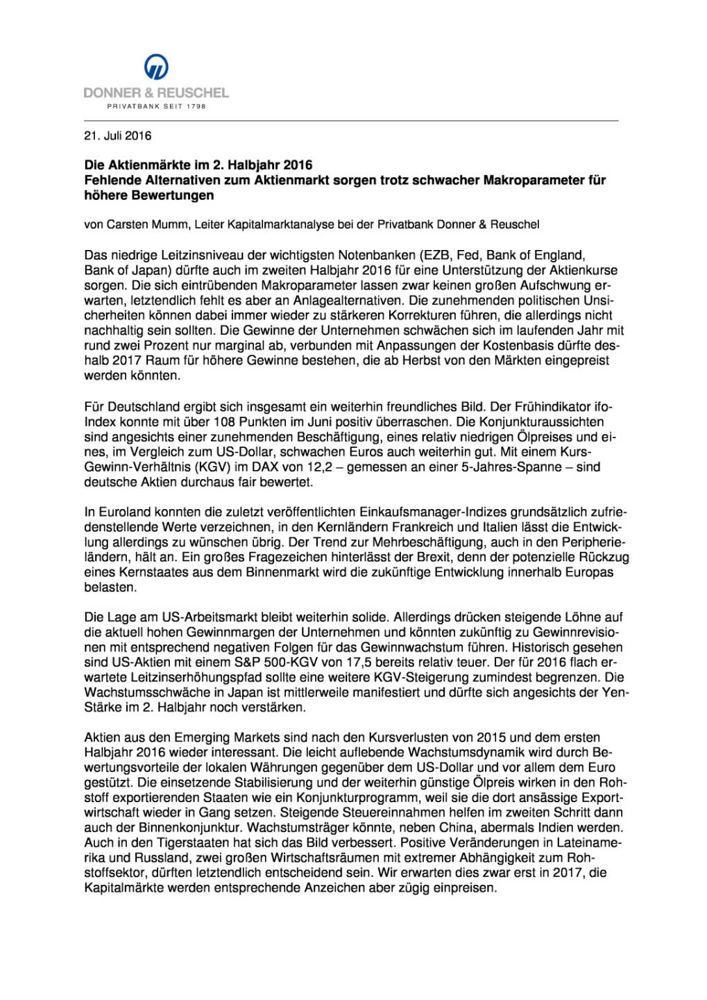 Donner & Reuschel: Ausblick Aktienmärkte im 2. Halbjahr 2016, Seite 1/2, komplettes Dokument unter http://boerse-social.com/static/uploads/file_1461_donner_reuschel_ausblick_aktienmarkte_im_2_halbjahr_2016.pdf