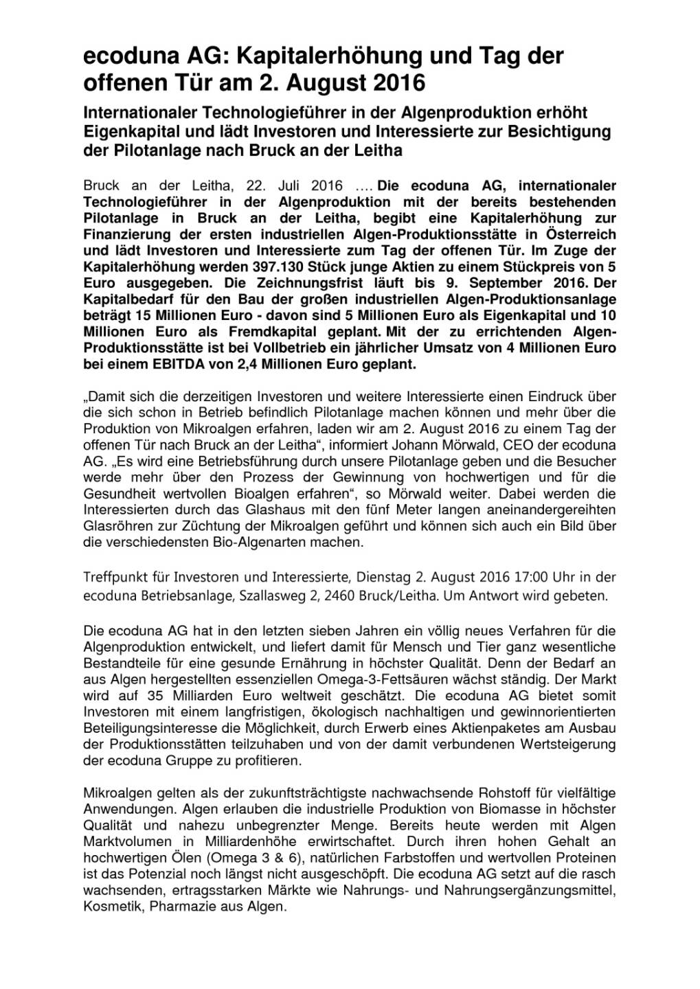 ecoduna AG: Kapitalerhöhung und Tag der offenen Tür, Seite 1/2, komplettes Dokument unter http://boerse-social.com/static/uploads/file_1467_ecoduna_ag_kapitalerhohung_und_tag_der_offenen_tur.pdf