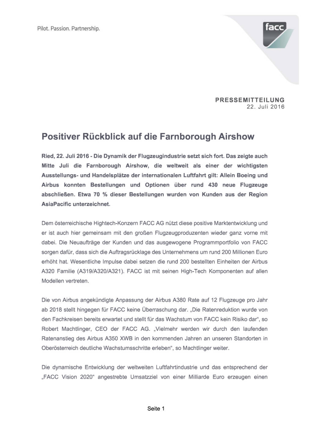 FACC: Positiver Rückblick auf die Farnborough Airshow, Seite 1/2, komplettes Dokument unter http://boerse-social.com/static/uploads/file_1471_facc_positiver_rückblick_auf_die_farnborough_airshow.pdf