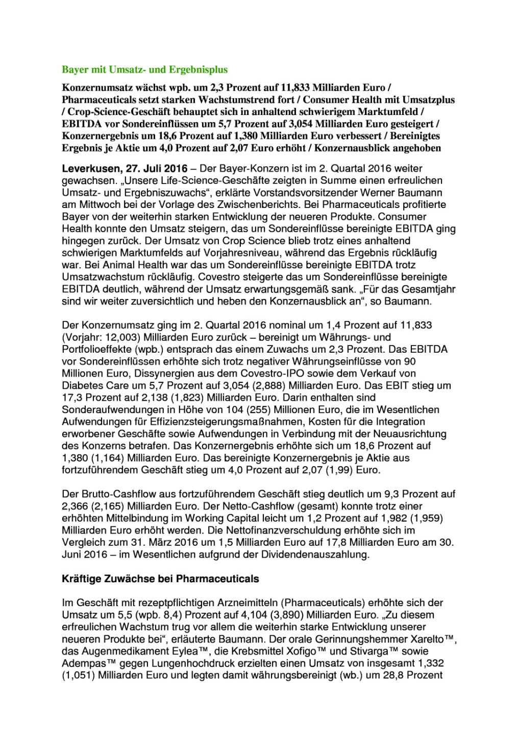 Bayer mit Umsatz- und Ergebnisplus, Seite 1/7, komplettes Dokument unter http://boerse-social.com/static/uploads/file_1498_bayer_mit_umsatz-_und_ergebnisplus.pdf