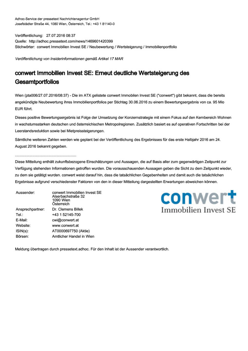 conwert Immobilien Invest SE: Erneut deutliche Wertsteigerung des Gesamtportfolios, Seite 1/1, komplettes Dokument unter http://boerse-social.com/static/uploads/file_1500_conwert_immobilien_invest_se_erneut_deutliche_wertsteigerung_des_gesamtportfolios.pdf