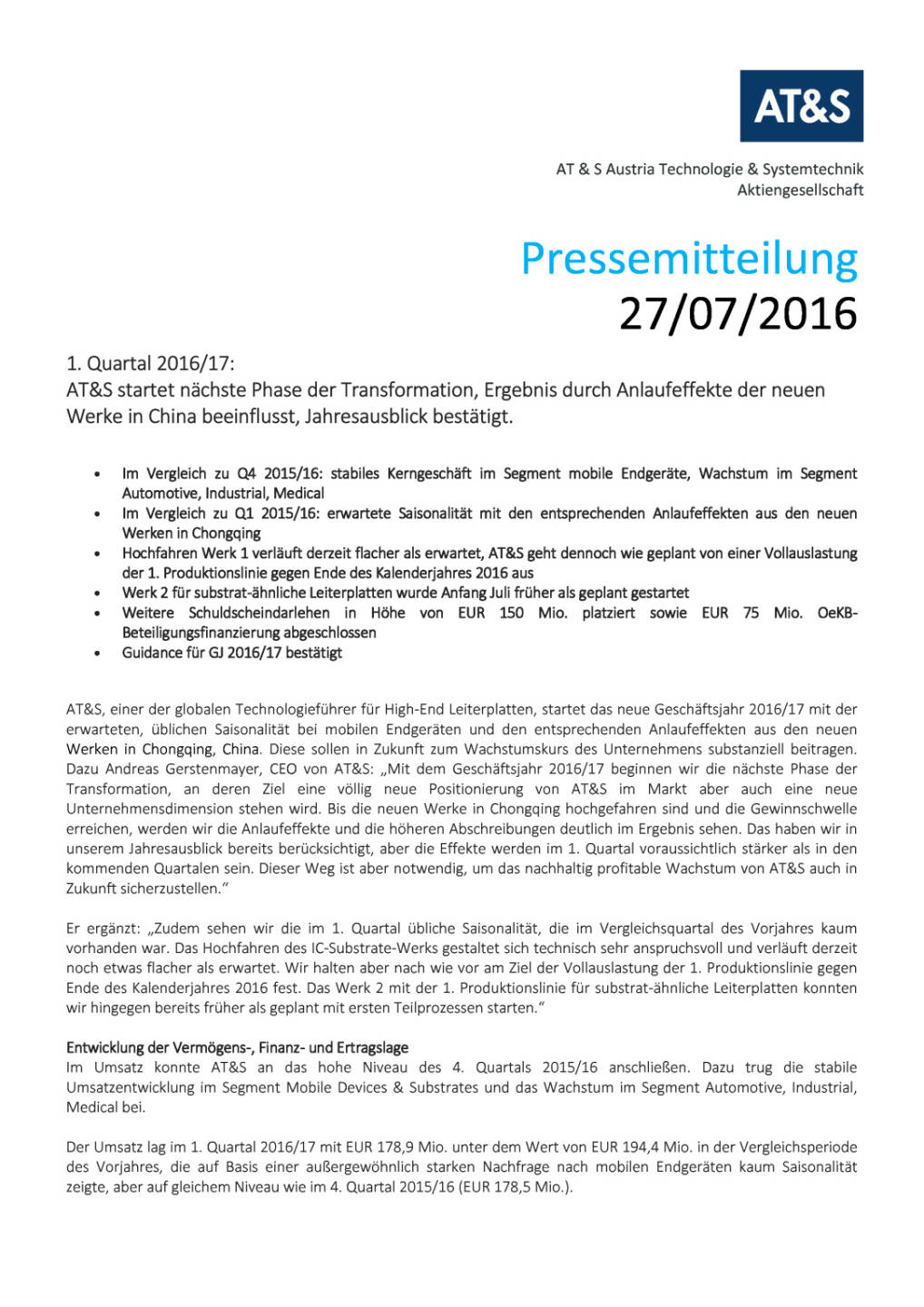 AT&S Presseinformation: Q1 2016/17, Seite 1/4, komplettes Dokument unter http://boerse-social.com/static/uploads/file_1506_ats_presseinformation_q1_201617.pdf