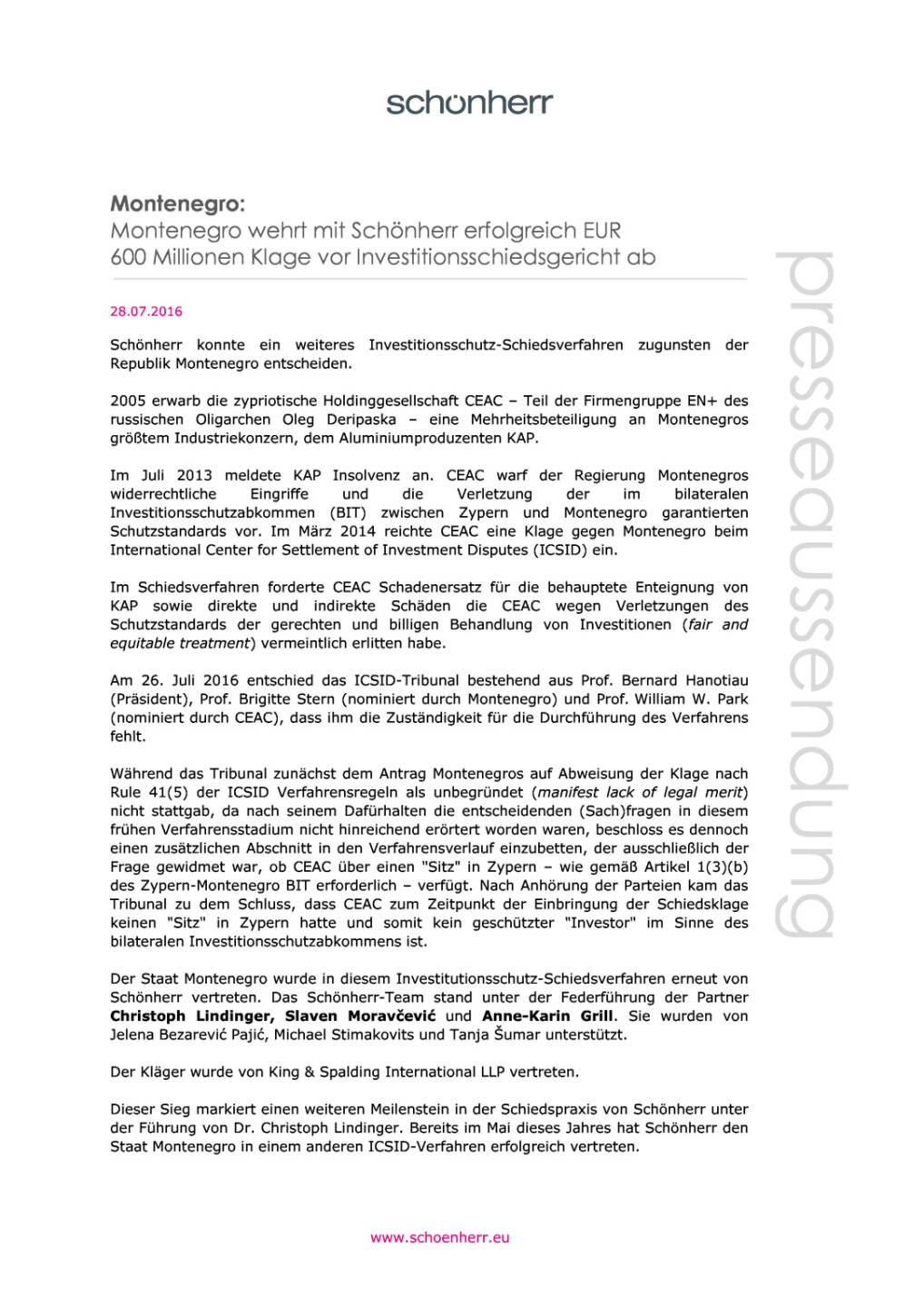 Schönherr: Investitionsschutz-Schiedsverfahren zugunsten der Republik Montenegro , Seite 1/2, komplettes Dokument unter http://boerse-social.com/static/uploads/file_1523_schonherr_investitionsschutz-schiedsverfahren_zugunsten_der_republik_montenegro.pdf