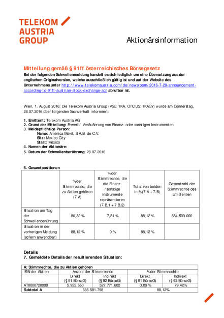 Telekom Austria Group: Mitteilung gemäß § 91ff österreichisches Börsegesetz , Seite 1/3, komplettes Dokument unter http://boerse-social.com/static/uploads/file_1537_telekom_austria_group_mitteilung_gemass_91ff_osterreichisches_borsegesetz.pdf (01.08.2016) 