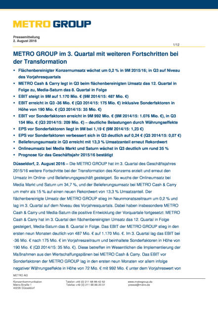 Metro Group: Im 3. Quartal Fortschritte bei der Transformation, Seite 1/12, komplettes Dokument unter http://boerse-social.com/static/uploads/file_1542_metro_group_im_3_quartal_fortschritte_bei_der_transformation.pdf (02.08.2016) 