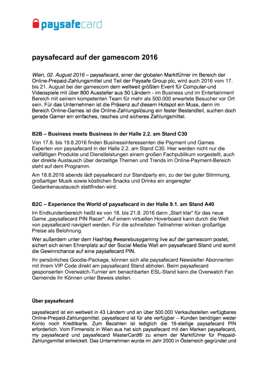 paysafecard auf der gamescom 2016, Seite 1/2, komplettes Dokument unter http://boerse-social.com/static/uploads/file_1552_paysafecard_auf_der_gamescom_2016.pdf