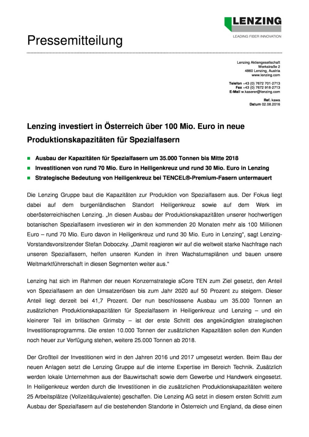 Lenzing investiert in Österreich über 100 Mio. Euro, Seite 1/2, komplettes Dokument unter http://boerse-social.com/static/uploads/file_1554_lenzing_investiert_in_osterreich_uber_100_mio_euro.pdf