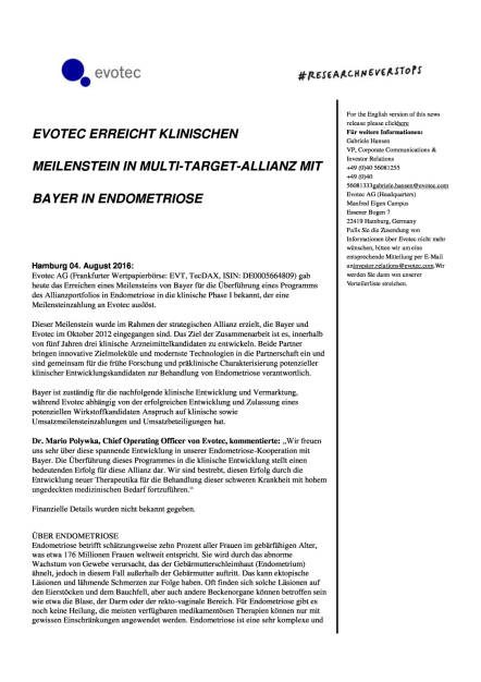 Evotec: Meilenstein in Multi-Target Allianz mit Bayer in Endometriose, Seite 1/2, komplettes Dokument unter http://boerse-social.com/static/uploads/file_1566_evotec_meilenstein_in_multi-target_allianz_mit_bayer_in_endometriose.pdf (04.08.2016) 