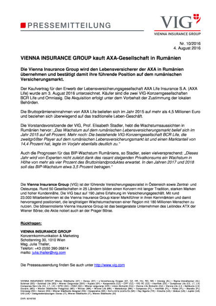 VIG kauft AXA-Gesellschaft in Rumänien, Seite 1/1, komplettes Dokument unter http://boerse-social.com/static/uploads/file_1567_vig_kauft_axa-gesellschaft_in_rumanien.pdf (04.08.2016) 