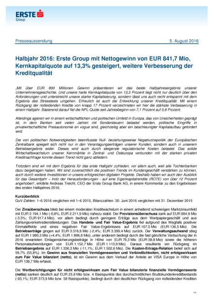 Erste Group: 1. Halbjahr 2016, Seite 1/4, komplettes Dokument unter http://boerse-social.com/static/uploads/file_1571_erste_group_1_halbjahr_2016.pdf (05.08.2016) 