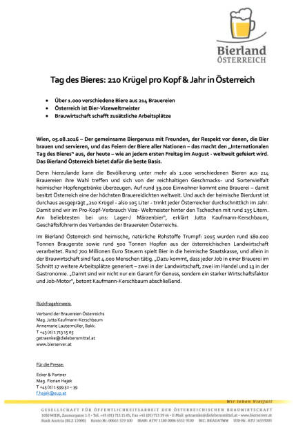 Tag des Bieres: 210 Krügel pro Kopf & Jahr in Österreich, Seite 1/2, komplettes Dokument unter http://boerse-social.com/static/uploads/file_1573_tag_des_bieres_210_krugel_pro_kopf_jahr_in_osterreich.pdf (05.08.2016) 