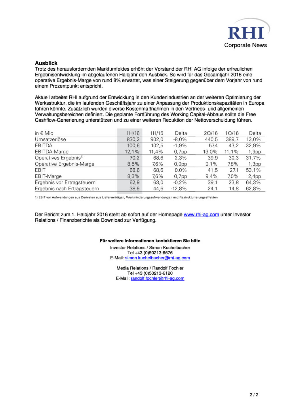 RHI AG: Ergebnis für das 1. Halbjahr 2016, Seite 2/2, komplettes Dokument unter http://boerse-social.com/static/uploads/file_1582_rhi_ag_ergebnis_fur_das_1_halbjahr_2016.pdf