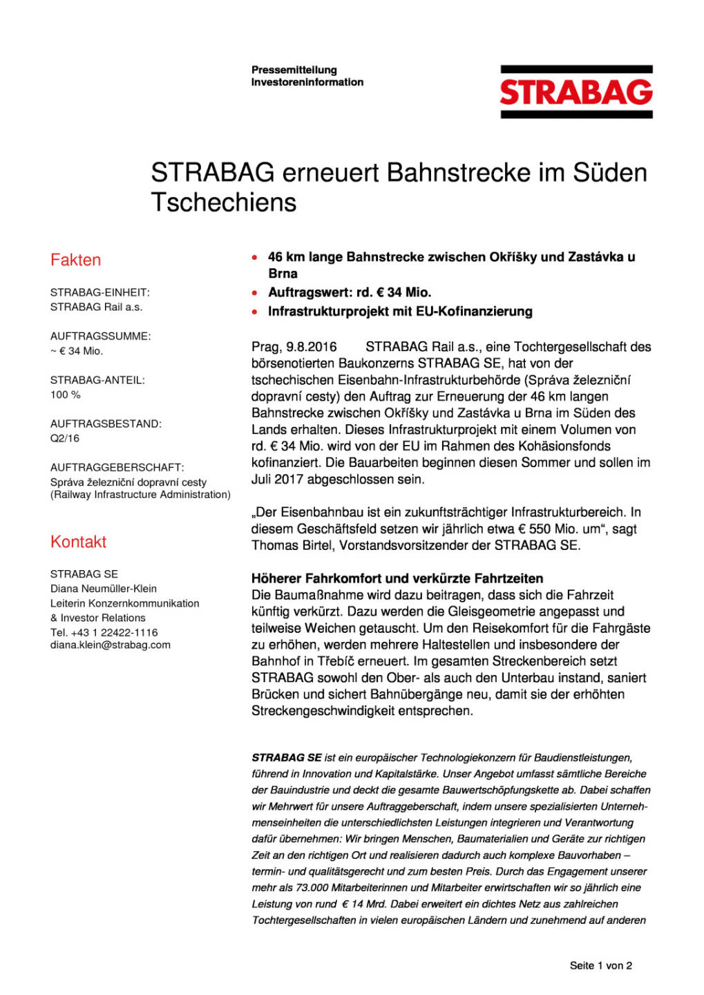 Strabag erneuert Bahnstrecke im Süden Tschechiens, Seite 1/2, komplettes Dokument unter http://boerse-social.com/static/uploads/file_1587_strabag_erneuert_bahnstrecke_im_suden_tschechiens.pdf