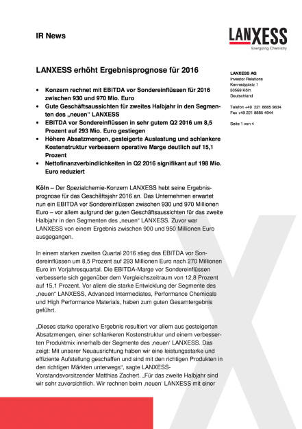 Lanxess erhöht Ergebnisprognose für 2016, Seite 1/4, komplettes Dokument unter http://boerse-social.com/static/uploads/file_1592_lanxess_erhoht_ergebnisprognose_fur_2016.pdf (10.08.2016) 