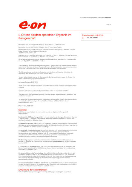 E.ON mit solidem operativen Ergebnis im Kerngeschäft, Seite 1/2, komplettes Dokument unter http://boerse-social.com/static/uploads/file_1595_eon_mit_solidem_operativen_ergebnis_im_kerngeschaft.pdf (10.08.2016) 