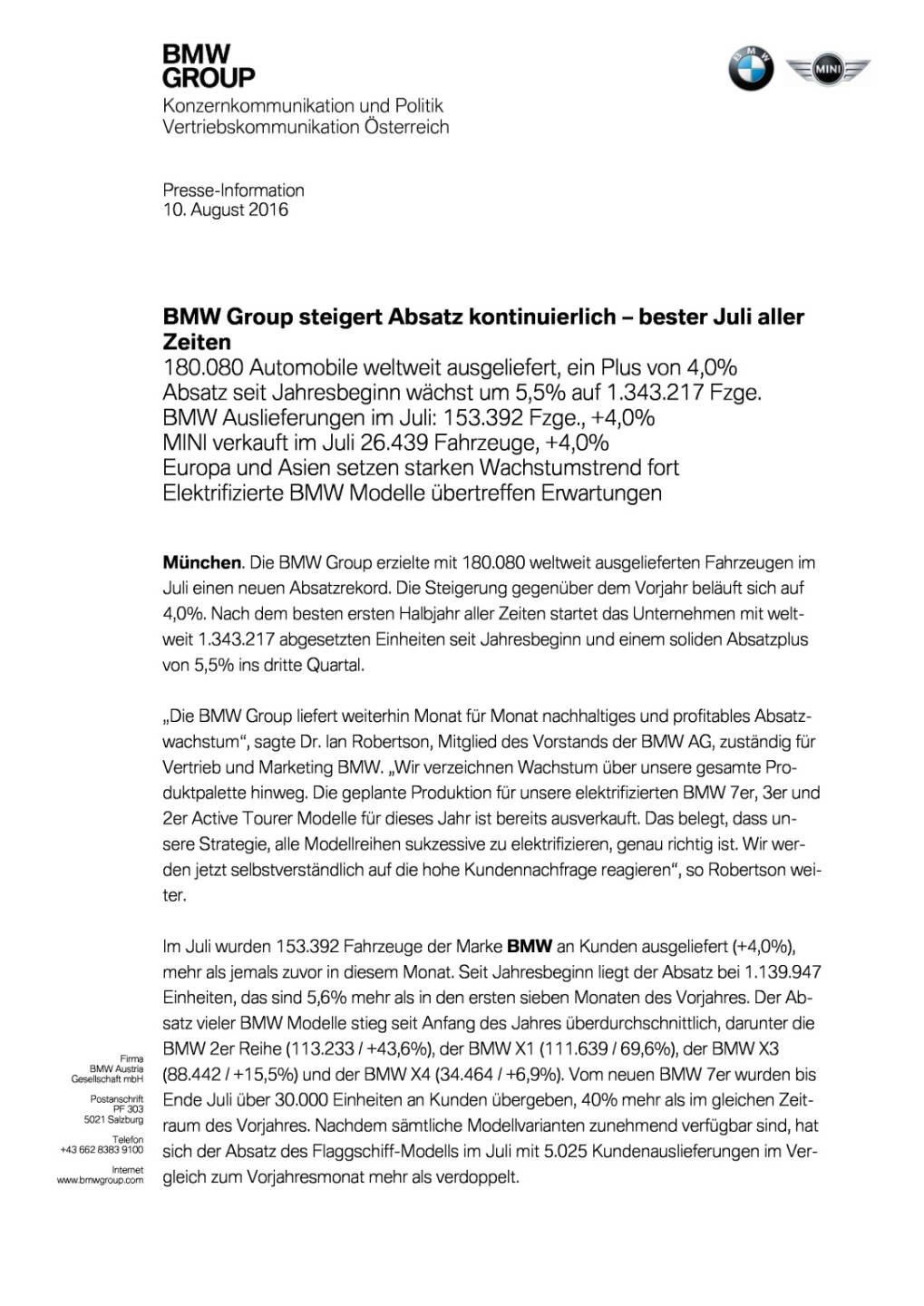 BMW Group: Vertriebsmeldung Juli 2016, Seite 1/4, komplettes Dokument unter http://boerse-social.com/static/uploads/file_1599_bmw_group_vertriebsmeldung_juli_2016.pdf