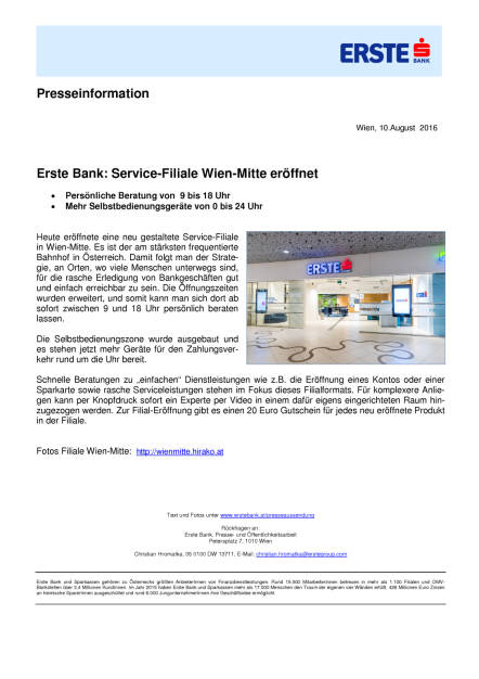 Erste Bank: Service-Filiale Wien-Mitte eröffnet, Seite 1/1, komplettes Dokument unter http://boerse-social.com/static/uploads/file_1602_erste_bank_service-filiale_wien-mitte_eroffnet.pdf (10.08.2016) 