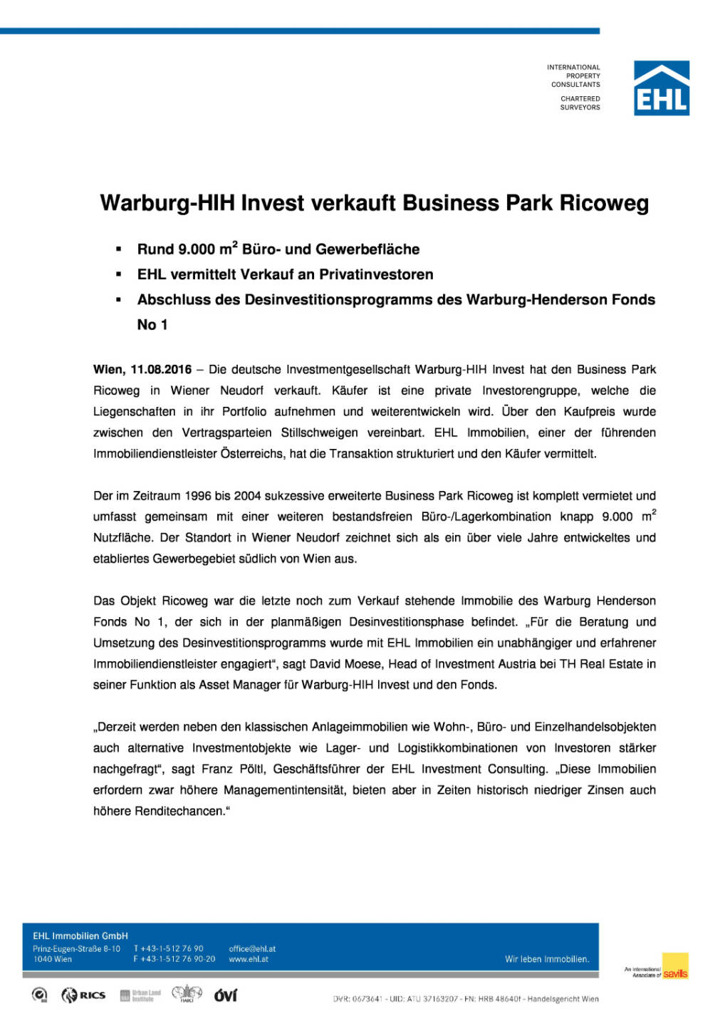 EHL Immobilien: Warburg-HIH Invest verkauft Businesspark Ricoweg, Seite 1/2, komplettes Dokument unter http://boerse-social.com/static/uploads/file_1611_ehl_immobilien_warburg-hih_invest_verkauft_businesspark_ricoweg.pdf