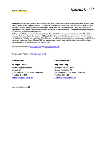 Kapsch TrafficCom AG : Hans Lang ist neuer Investor Relations & Compliance Officer, Seite 2/2, komplettes Dokument unter http://boerse-social.com/static/uploads/file_1622_kapsch_trafficcom_ag_hans_lang_ist_neuer_investor_relations_compliance_officer.pdf (16.08.2016) 
