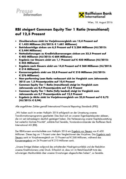 RBI: Presseinformation 1. Halbjahr 2016, Seite 1/5, komplettes Dokument unter http://boerse-social.com/static/uploads/file_1633_rbi_presseinformation_1_halbjahr_2016.pdf (18.08.2016) 