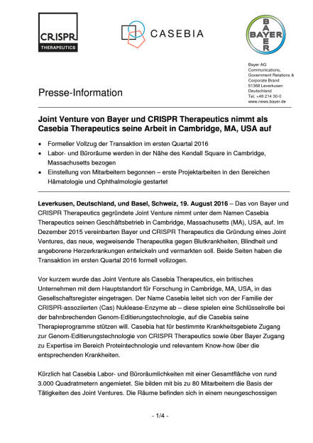 Bayer: Joint Venture mit CRISPR Therapeutics in USA, Seite 1/4, komplettes Dokument unter http://boerse-social.com/static/uploads/file_1644_bayer_joint_venture_mit_crispr_therapeutics_in_usa.pdf (19.08.2016) 