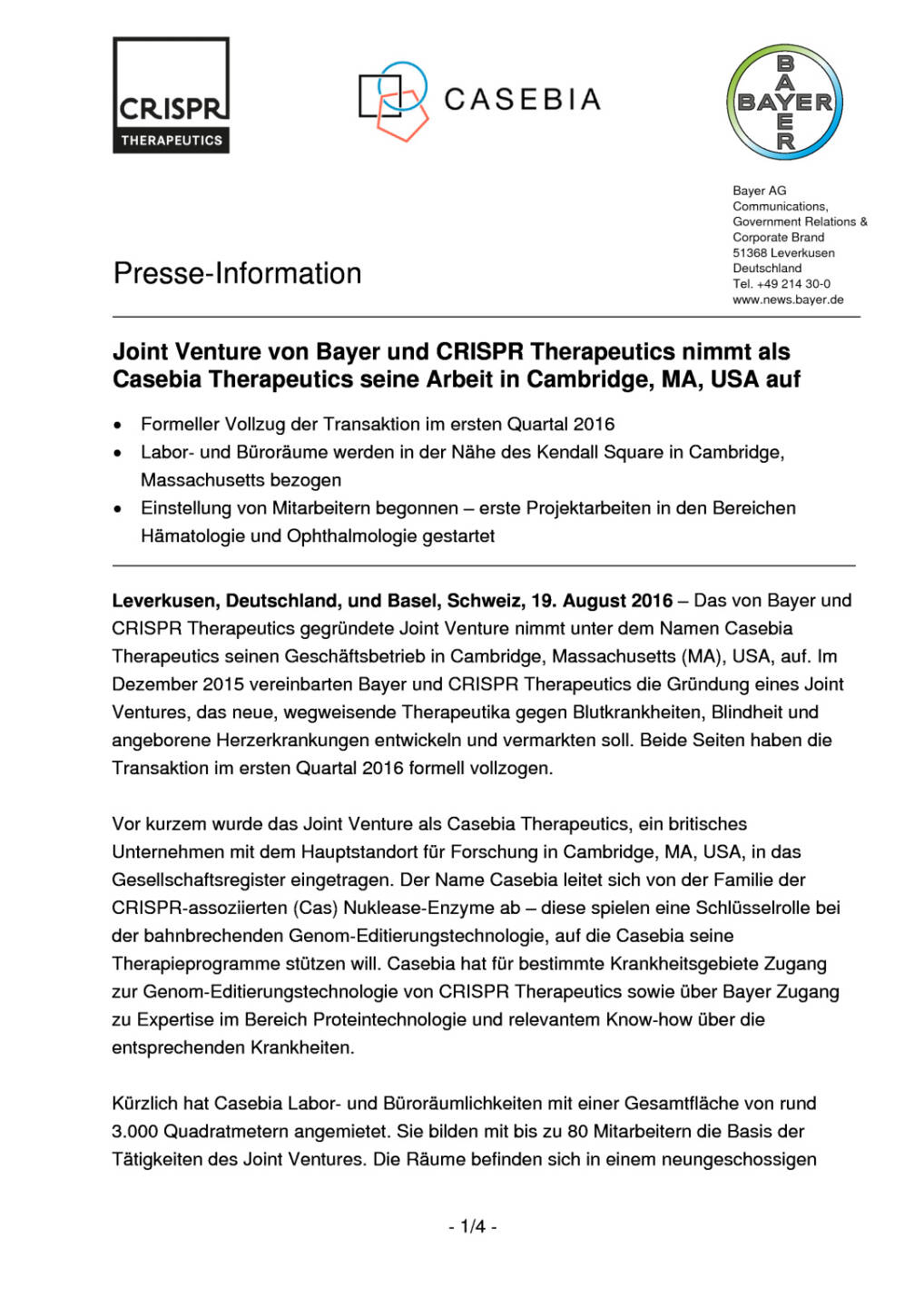 Bayer: Joint Venture mit CRISPR Therapeutics in USA, Seite 1/4, komplettes Dokument unter http://boerse-social.com/static/uploads/file_1644_bayer_joint_venture_mit_crispr_therapeutics_in_usa.pdf