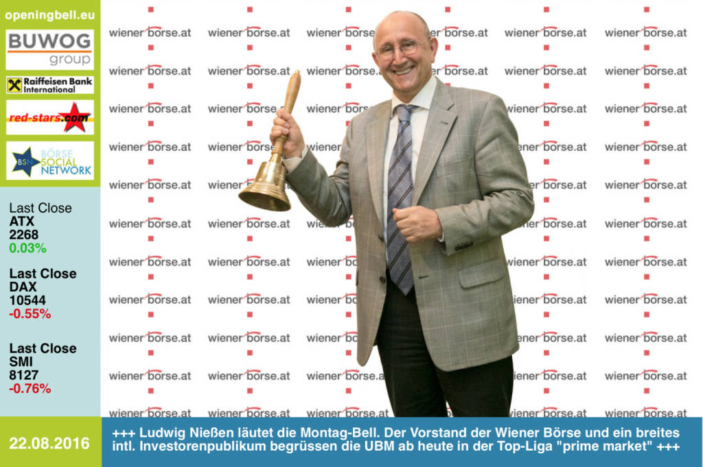 #openingbell am 22.8.: Ludwig Nießen läutet die Opening Bell für Montag. Der Vorstand der Wiener Börse und ein breites intl. Investorenpublikum begrüssen die UBM ab heute in der Top-Liga prime market http://www.wienerborse.at http://www.ubm.at http://www.chooseoptimism.at (22.08.2016) 