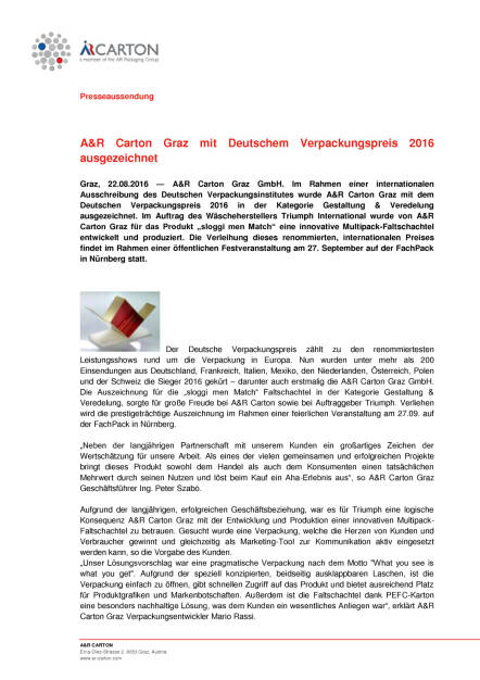 A&R Carton Graz mit Deutschem Verpackungspreis 2016 ausgezeichnet, Seite 1/2, komplettes Dokument unter http://boerse-social.com/static/uploads/file_1647_ar_carton_graz_mit_deutschem_verpackungspreis_2016_ausgezeichnet.pdf (22.08.2016) 