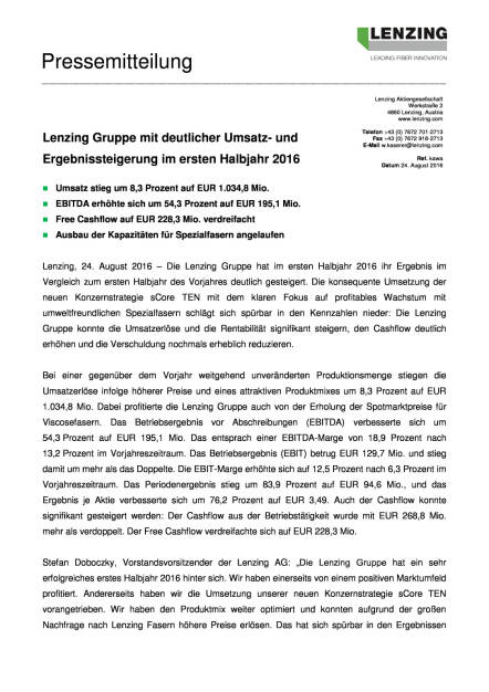 Lenzing Gruppe: 1.Halbjahr 2016, Seite 1/4, komplettes Dokument unter http://boerse-social.com/static/uploads/file_1656_lenzing_gruppe_1halbjahr_2016.pdf (24.08.2016) 