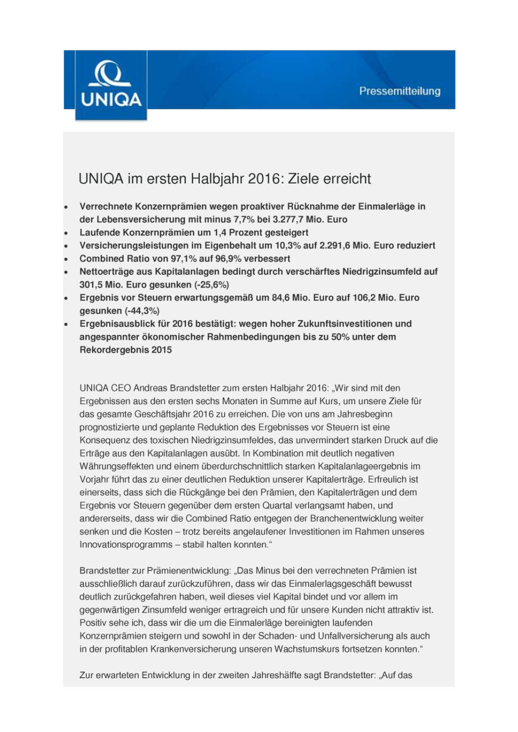 Uniqa im ersten Halbjahr 2016: Ziele erreicht, Seite 1/4, komplettes Dokument unter http://boerse-social.com/static/uploads/file_1672_uniqa_im_ersten_halbjahr_2016_ziele_erreicht.pdf