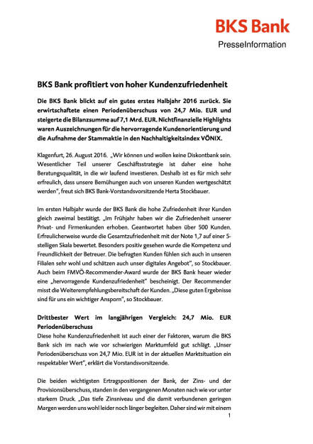 BKS Bank: Halbjahresergebnis, Seite 1/4, komplettes Dokument unter http://boerse-social.com/static/uploads/file_1680_bks_bank_halbjahresergebnis.pdf (26.08.2016) 