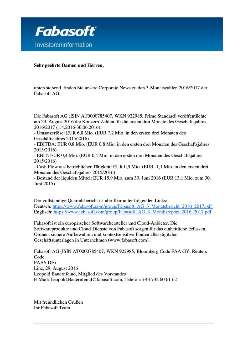 Fabasoft: Investoreninformation, Seite 1/2, komplettes Dokument unter http://boerse-social.com/static/uploads/file_1688_fabasoft_investoreninformation.pdf