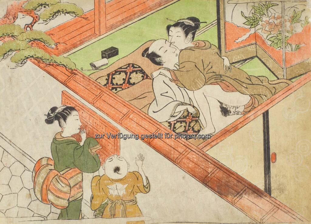 Isoda Koryūsai (1735–1790) Liebespaar mit jungen Zusehern, um 1775 Farbholzschnitt : MAK zeigt Shunga. Erotische Kunst aus Japan : Fotocredit: ©Leopold Privatsammlung, Wien/MAK/Georg Mayer, © Aussendung (30.08.2016) 