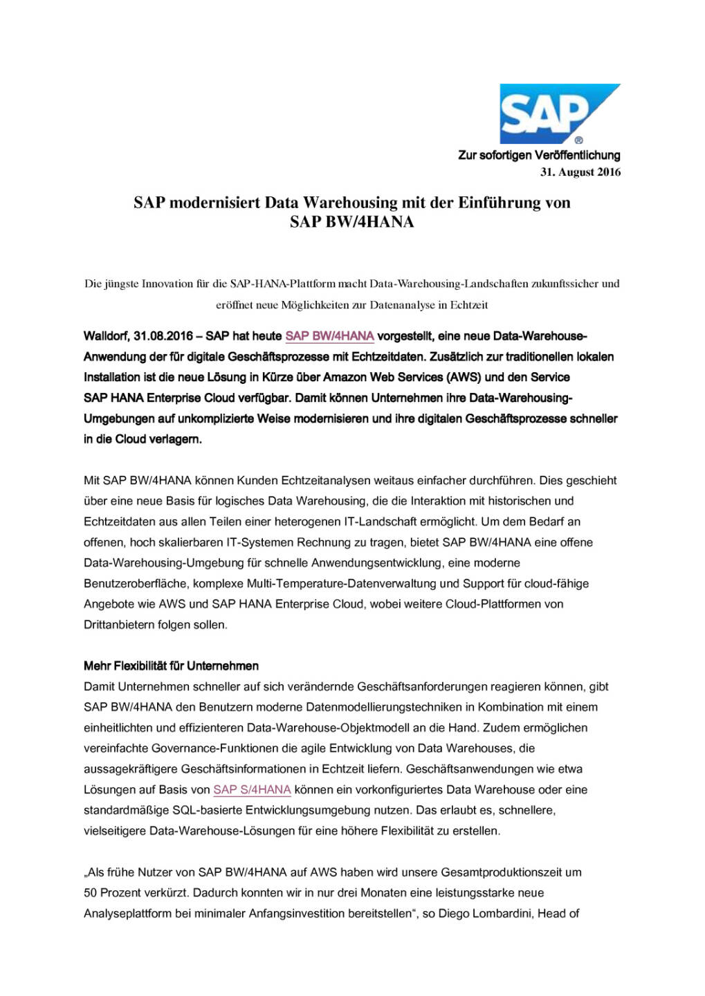 SAP modernisiert Data Warehousing, Seite 1/4, komplettes Dokument unter http://boerse-social.com/static/uploads/file_1697_sap_modernisiert_data_warehousing.pdf