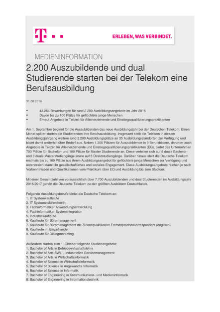 Deutsche Telekom: 2.200 Auszubildende und dual Studierende starten eine Berufsausbildung, Seite 1/2, komplettes Dokument unter http://boerse-social.com/static/uploads/file_1699_deutsche_telekom_2200_auszubildende_und_dual_studierende_starten_eine_berufsausbildung.pdf (31.08.2016) 
