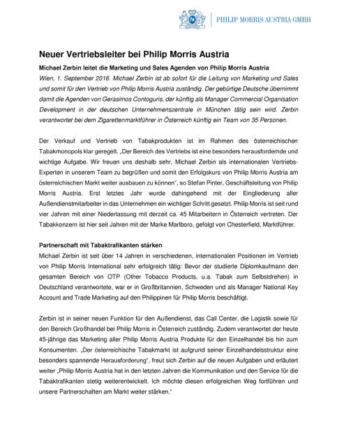 Philip Morris Austria: Michael Zerbin ist neuer Vertriebsleiter, Seite 1/2, komplettes Dokument unter http://boerse-social.com/static/uploads/file_1703_philip_morris_austria_michael_zerbin_ist_neuer_vertriebsleiter.pdf (01.09.2016) 