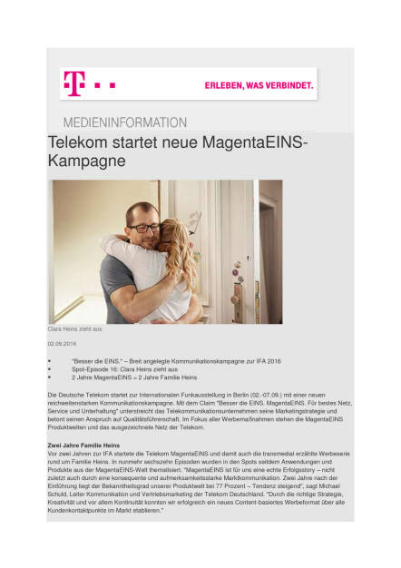 Deutsche Telekom: Neue MagentaEINS-Kampagne, Seite 1/2, komplettes Dokument unter http://boerse-social.com/static/uploads/file_1715_deutsche_telekom_neue_magentaeins-kampagne.pdf (02.09.2016) 