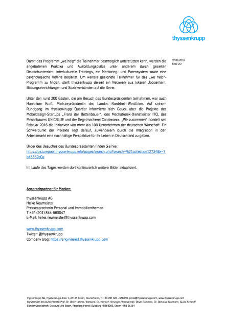 thyssenkrupp: Bundespräsident Joachim Gauck würdigt Engagement für Flüchtlinge im thyssenkrupp Quartier, Seite 2/2, komplettes Dokument unter http://boerse-social.com/static/uploads/file_1716_thyssenkrupp_bundesprasident_joachim_gauck_wurdigt_engagement_fur_fluchtlinge_im_thyssenkrupp_quartier.pdf (02.09.2016) 