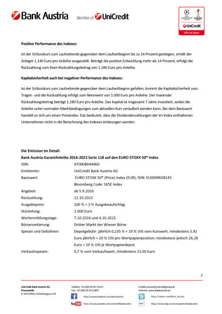 Bank Austria: Neue GarantAnleihe auf den EURO STOXX 50® Index, Seite 2/3, komplettes Dokument unter http://boerse-social.com/static/uploads/file_1718_bank_austria_neue_garantanleihe_auf_den_euro_stoxx_50_index.pdf (05.09.2016) 