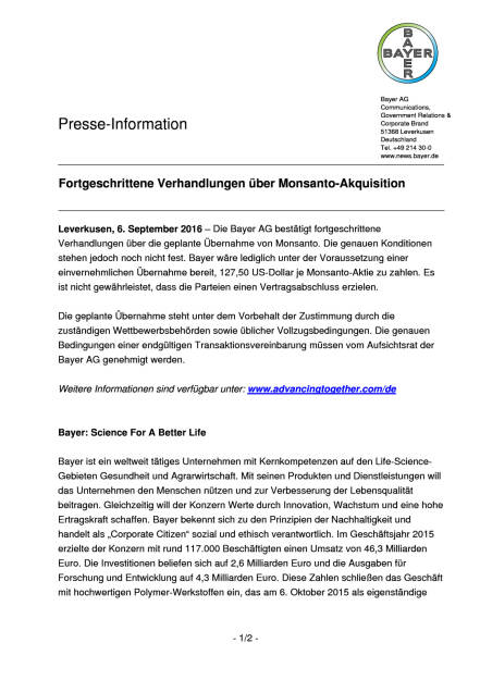 Bayer: Fortgeschrittene Verhandlungen über Monsanto-Akquisition, Seite 1/2, komplettes Dokument unter http://boerse-social.com/static/uploads/file_1731_bayer_fortgeschrittene_verhandlungen_uber_monsanto-akquisition.pdf (06.09.2016) 