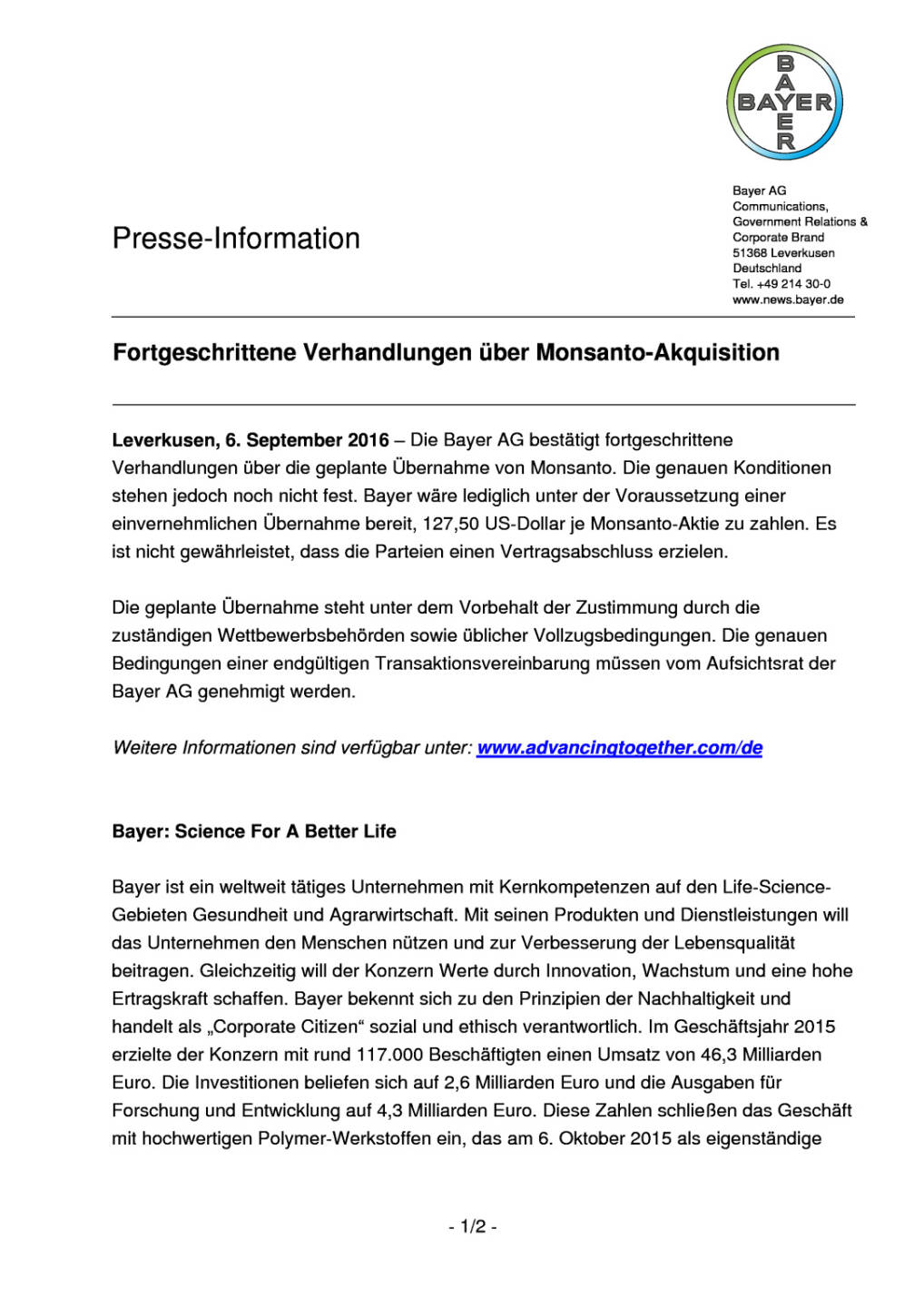 Bayer: Fortgeschrittene Verhandlungen über Monsanto-Akquisition, Seite 1/2, komplettes Dokument unter http://boerse-social.com/static/uploads/file_1731_bayer_fortgeschrittene_verhandlungen_uber_monsanto-akquisition.pdf