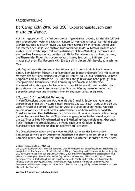 QSC: BarCamp Köln 2016 - Expertenaustausch zum digitalen Wandel, Seite 1/2, komplettes Dokument unter http://boerse-social.com/static/uploads/file_1735_qsc_barcamp_koln_2016_-_expertenaustausch_zum_digitalen_wandel.pdf (06.09.2016) 