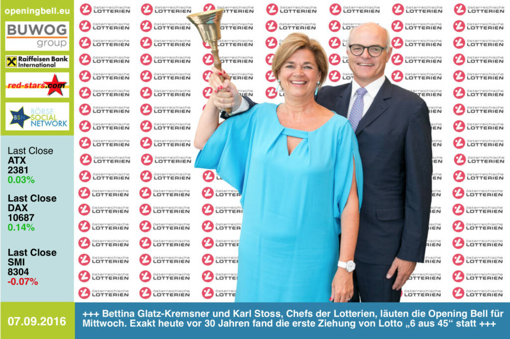 #openingbell am 7.9.: Bettina Glatz-Kremsner und Karl Stoss, Chefs der Österreichischen Lotterien, läuten die Opening Bell für Mittwoch. Exakt heute vor 30 Jahren fand die erste Ziehung von Lotto „6 aus 45“ statt http://www.lotterien.at http://www.openingbell.eu (07.09.2016) 