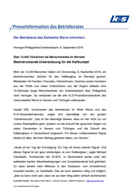 K+S AG Betriebsrat: Menschenkette im Werratal, Seite 1/4, komplettes Dokument unter http://boerse-social.com/static/uploads/file_1751_ks_ag_betriebsrat_menschenkette_im_werratal.pdf (08.09.2016) 