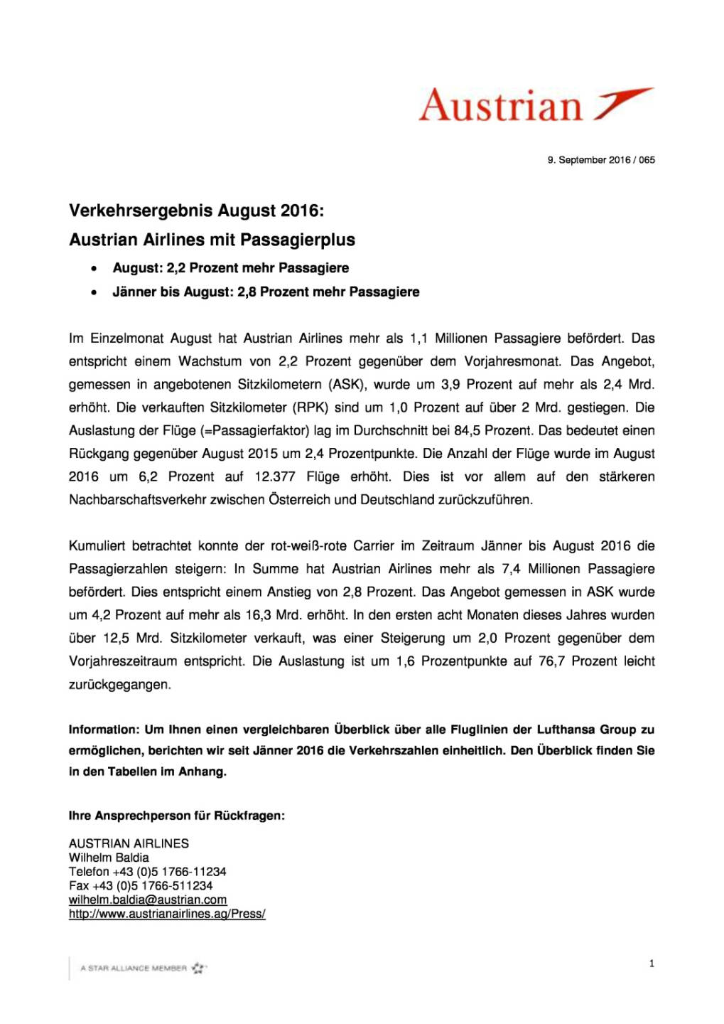 Austrian Airlines: Verkehrsergebnis August 2016, Seite 1/3, komplettes Dokument unter http://boerse-social.com/static/uploads/file_1754_austrian_airlines_verkehrsergebnis_august_2016.pdf