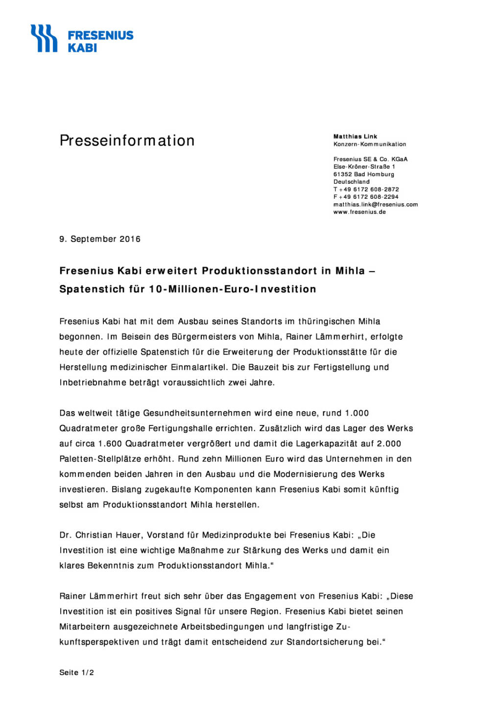 Fresenius Kabi: Produktionsstandort Mihla, Seite 1/2, komplettes Dokument unter http://boerse-social.com/static/uploads/file_1757_fresenius_kabi_produktionsstandort_mihla.pdf